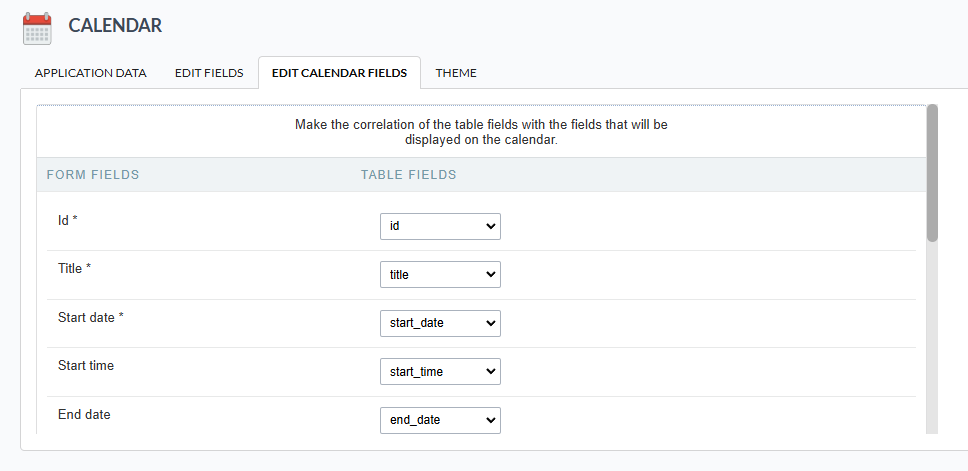 List of fields in the calendar creation process