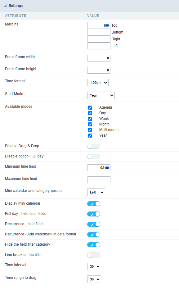 Calendar Settings