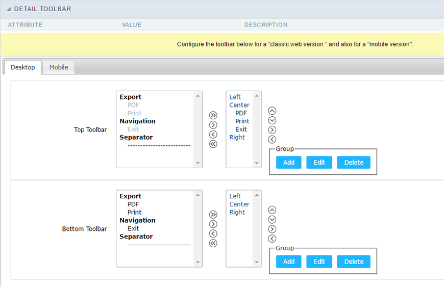 Detail buttons settings