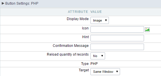 Setting up the Image Display mode for the PHP button.