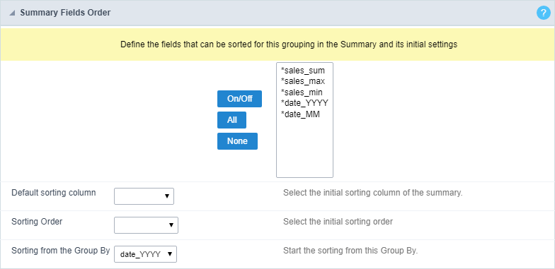 Sorting Summary Fields Interface.