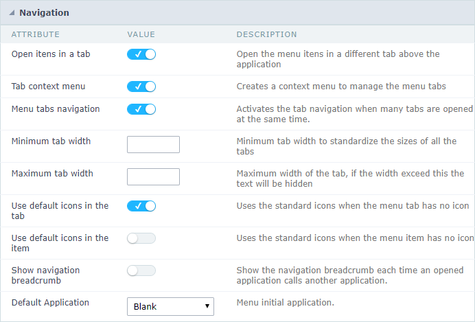 Menu Navigation configurations Interface.