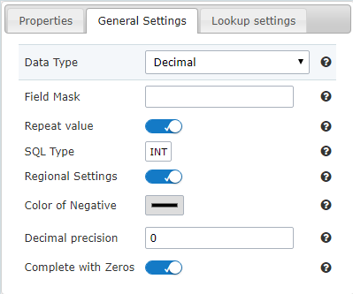 General settings of decimal field