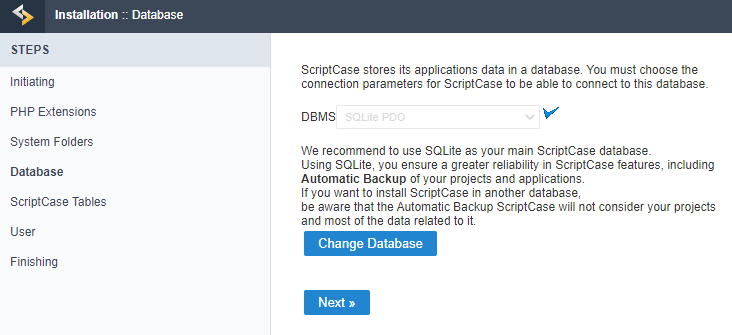 Installation Database Choice Screen