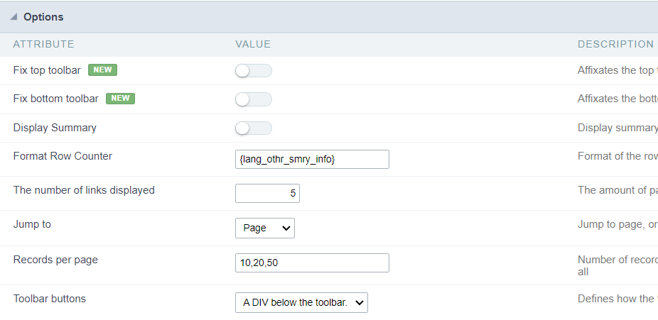 Options da consulta