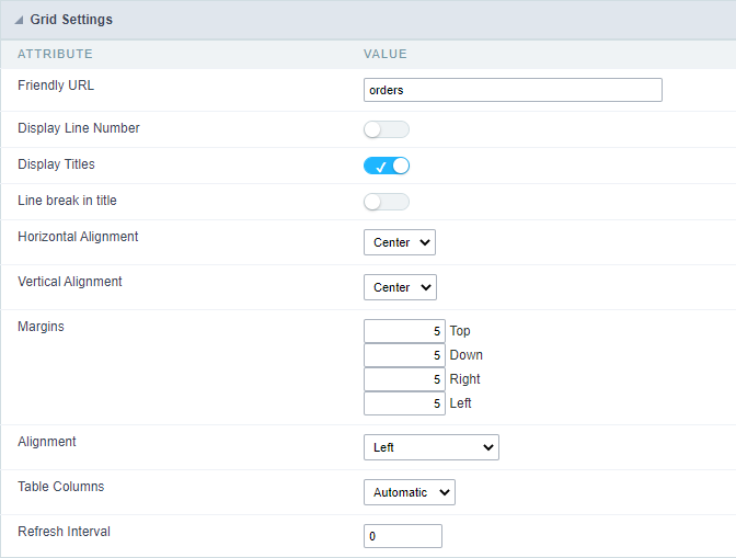 Grid application advanced settings