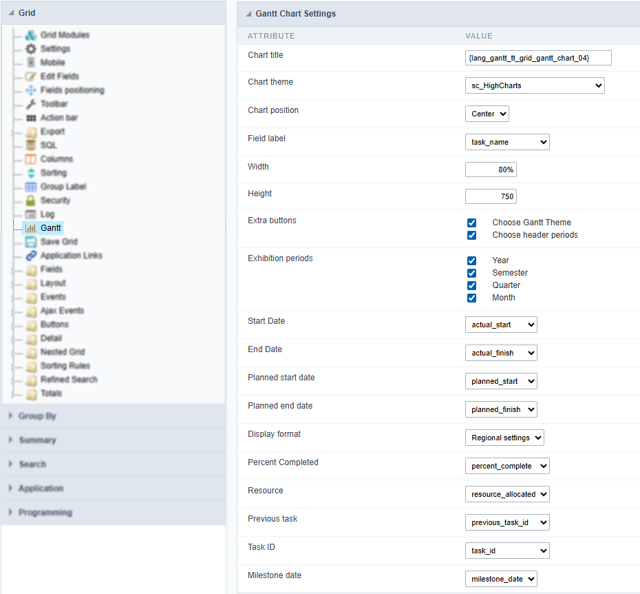 Gantt chart configuration in the Grid application