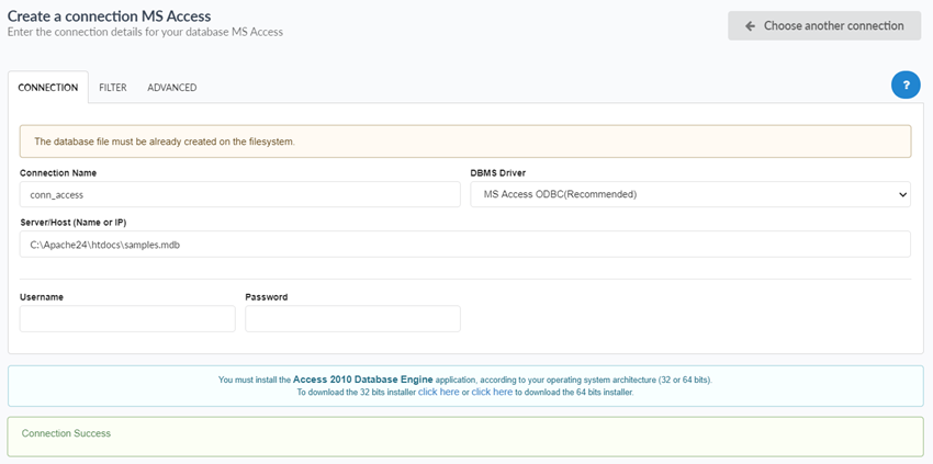 Connecting to the Access database