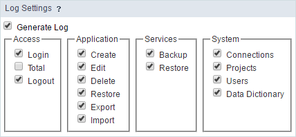  Log configuration screen